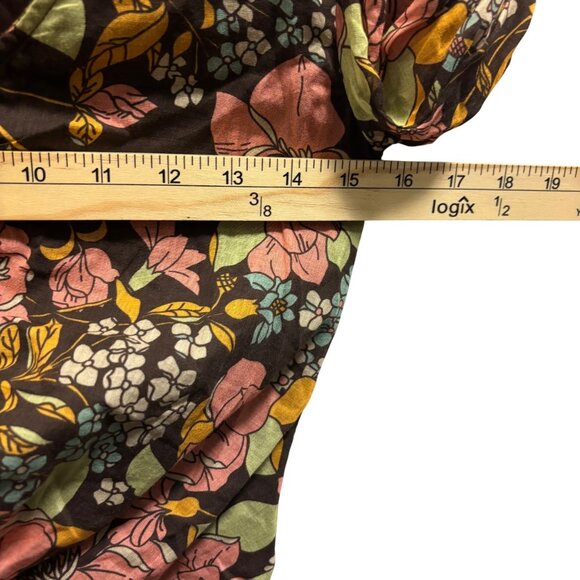 MOTHER The Cinch Top XS Brown Floral Puff Sleeve Ruched Front Lightweight Blouse - Picture 7 of 10